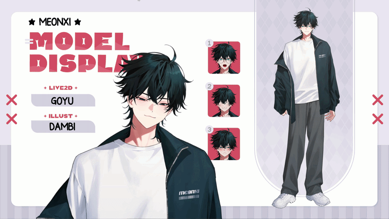 Character Goyu from MEONXI's model display wearing casual gray pants, a white shirt, and a black jacket with white shoes, with a close-up illustration and three step-by-step images of the character's face.