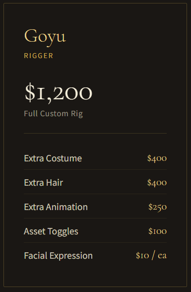 Price list for Goyu Rigger custom rig, starting at $1,200, with options for extra costume, hair, animation, asset toggles, and facial expressions.