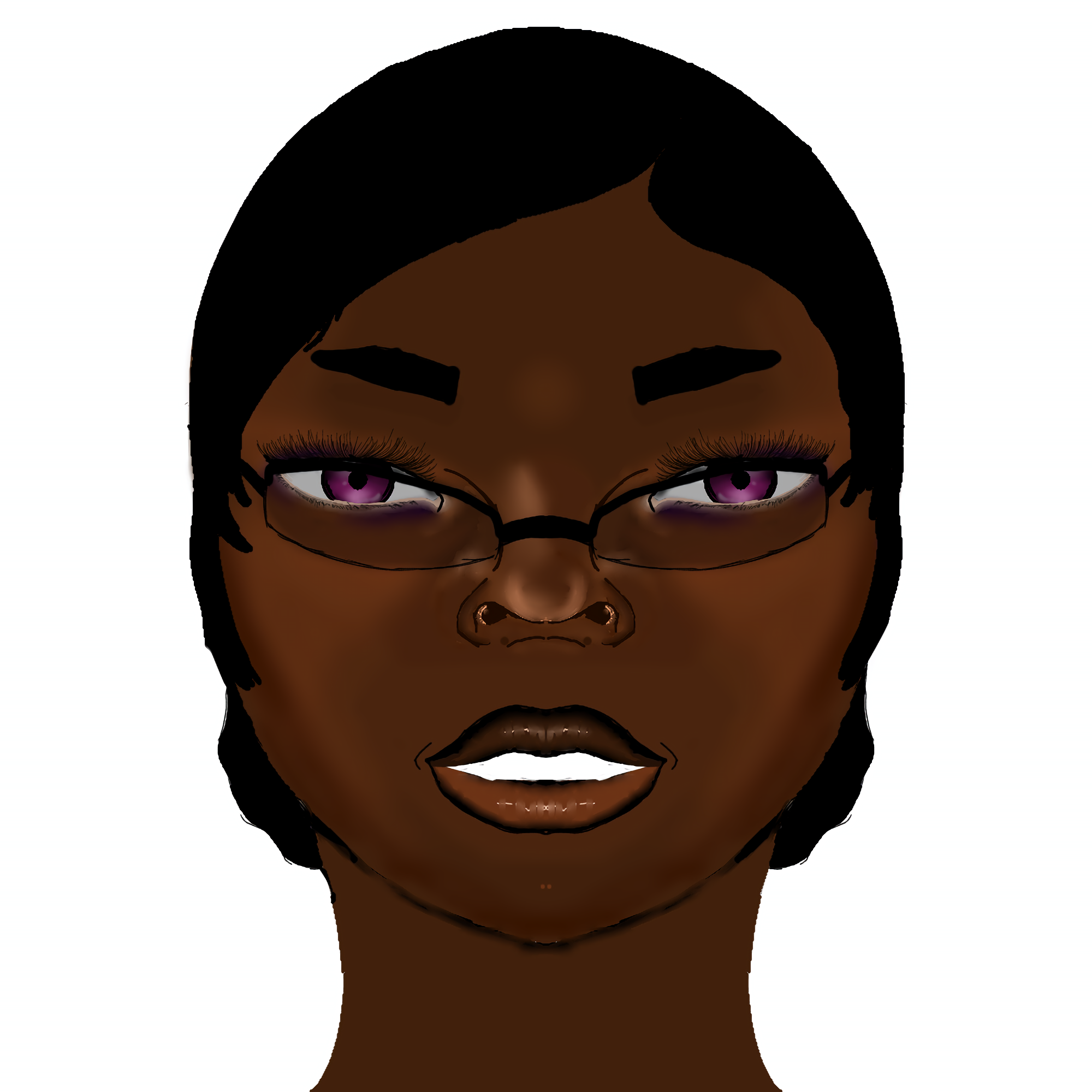 Digital illustration of a woman with dark skin, short black hair, purple eyes, wearing black glasses, dark lipstick, with a confident expression.