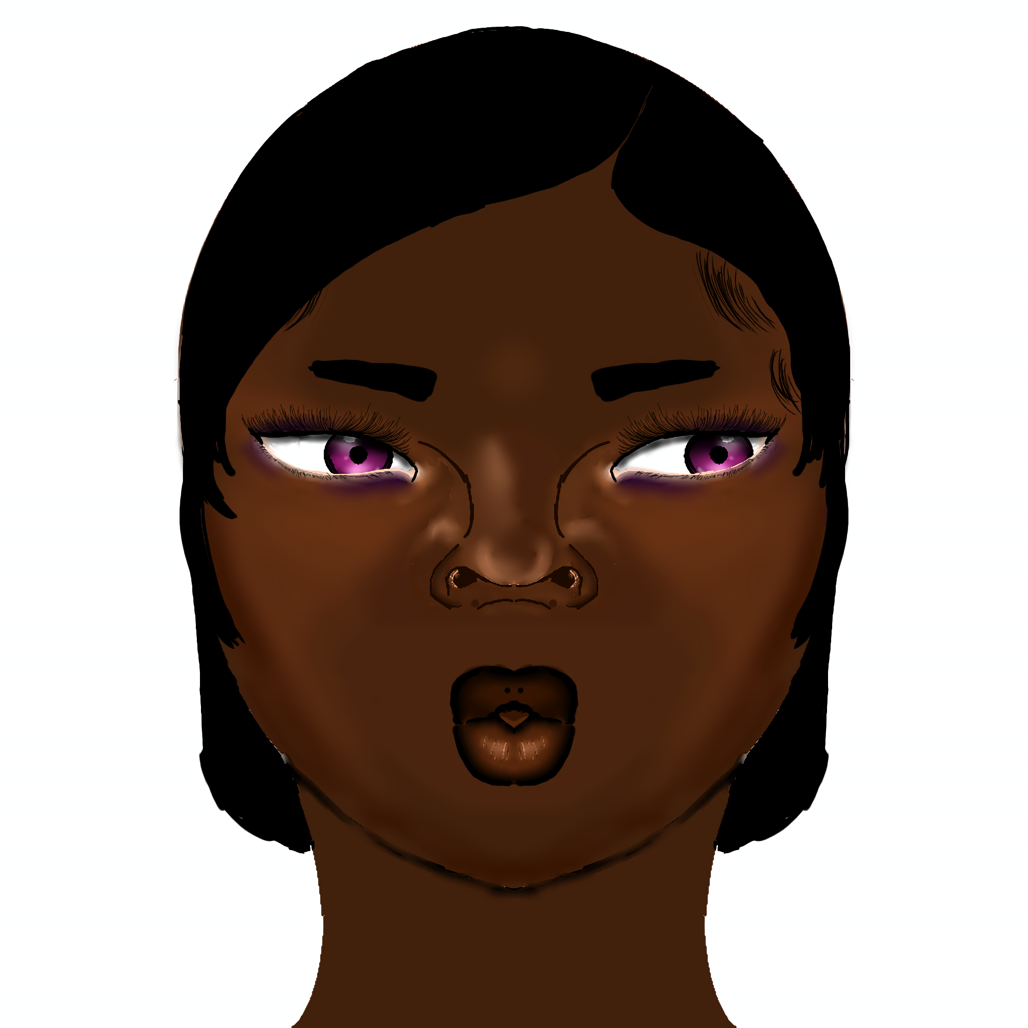 Digital illustration of a woman with dark skin, short black hair, purple eyes, and pursed lips, against a white background.