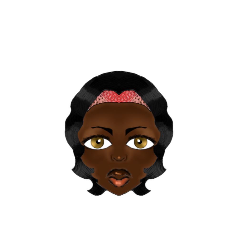 Cartoon illustration of a woman with dark skin, large brown eyes, full lips, black wavy hair with a red headband.