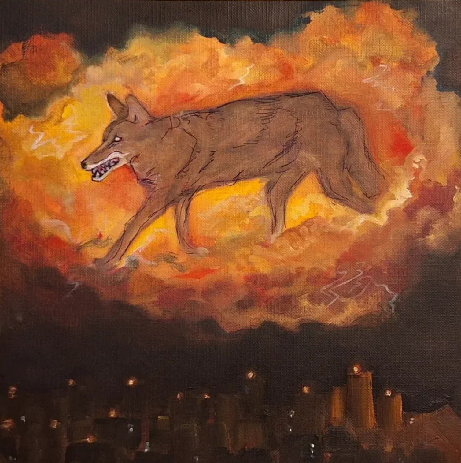 A coyote I saw in my dream last night was looking for me. It glowed in the clouds and I was in awe of its terrifying beauty, Oil, 2026