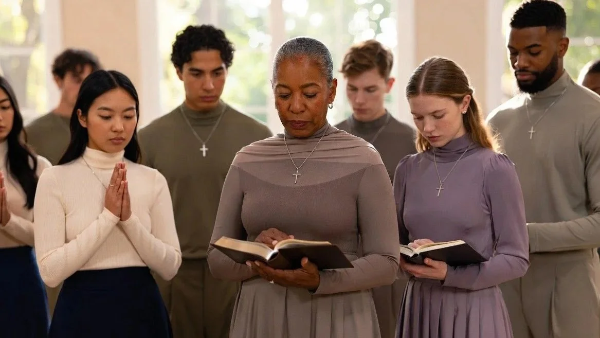 A diverse group of young people and an older woman are standing indoors, praying with open Bibles in their hands.