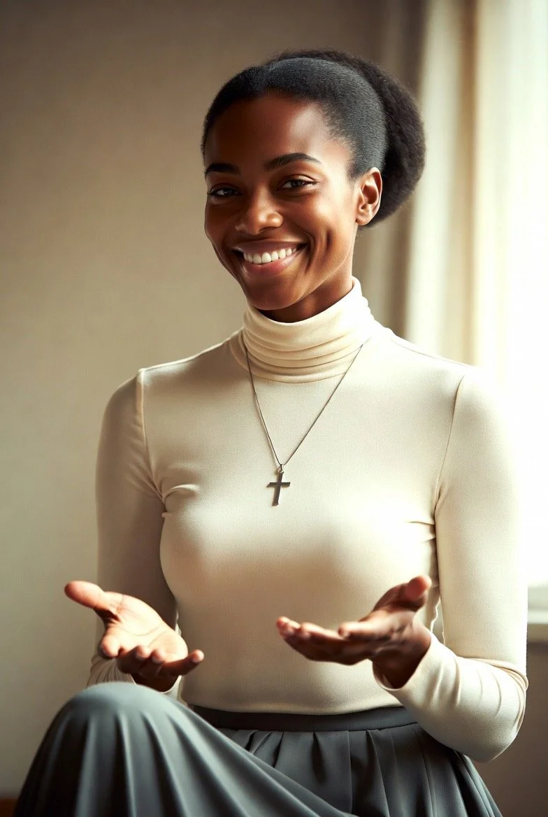 A smiling African American woman sitting indoors, wearing a cream turtleneck top, a cross necklace, and gesturing with her hands.
