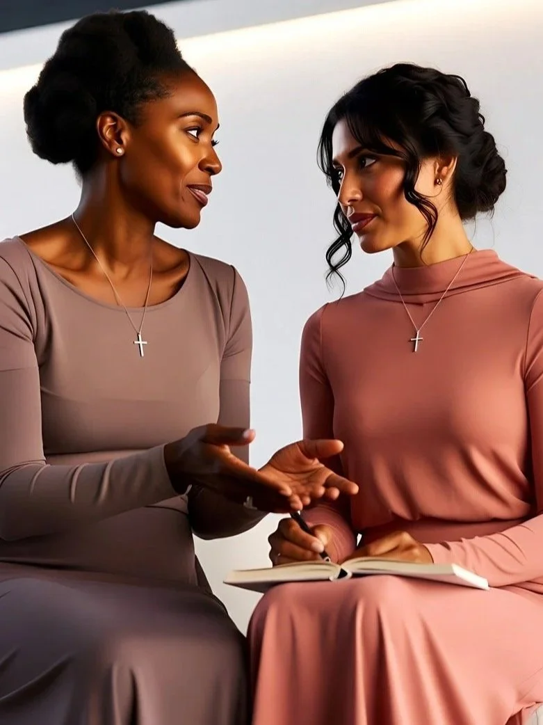 Two women having a conversation, one holding a notebook, both wearing cross necklaces and modest dresses, sitting indoors.