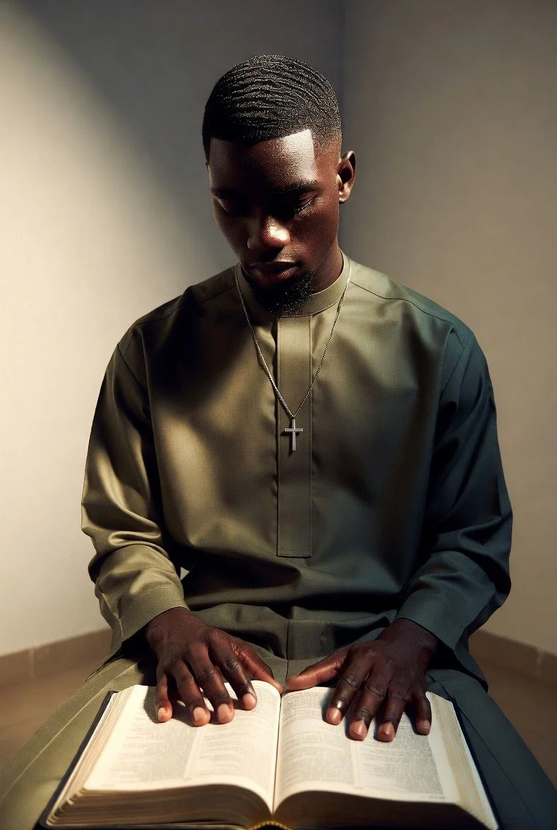 A young man with short black textured hair, wearing a beige clerical shirt with a cross necklace, sitting with an open Bible on his lap, in a softly lit room.