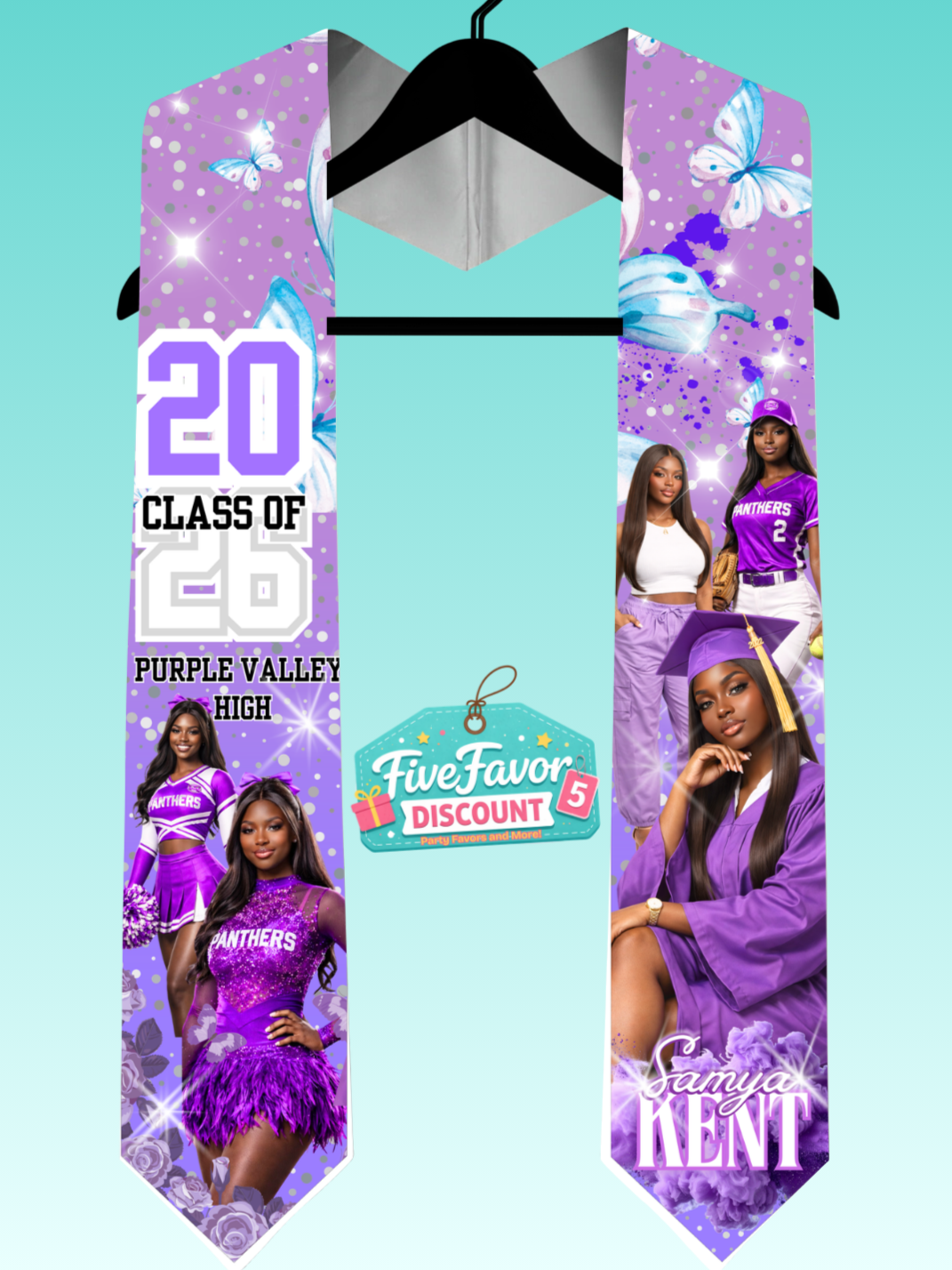 Personalized 2026 Graduation Stoles 70" Purple Green Blue Pink