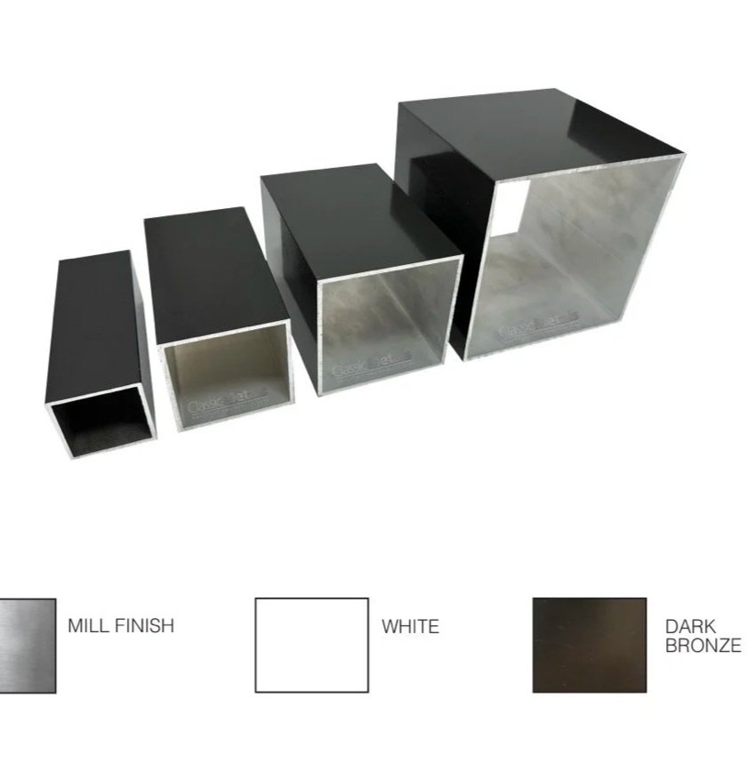 Set of four metallic square and rectangular open containers with a black, dark bronze, and mill finish on top, arranged from smallest to largest, with a color key showing mill finish, white, and dark bronze.