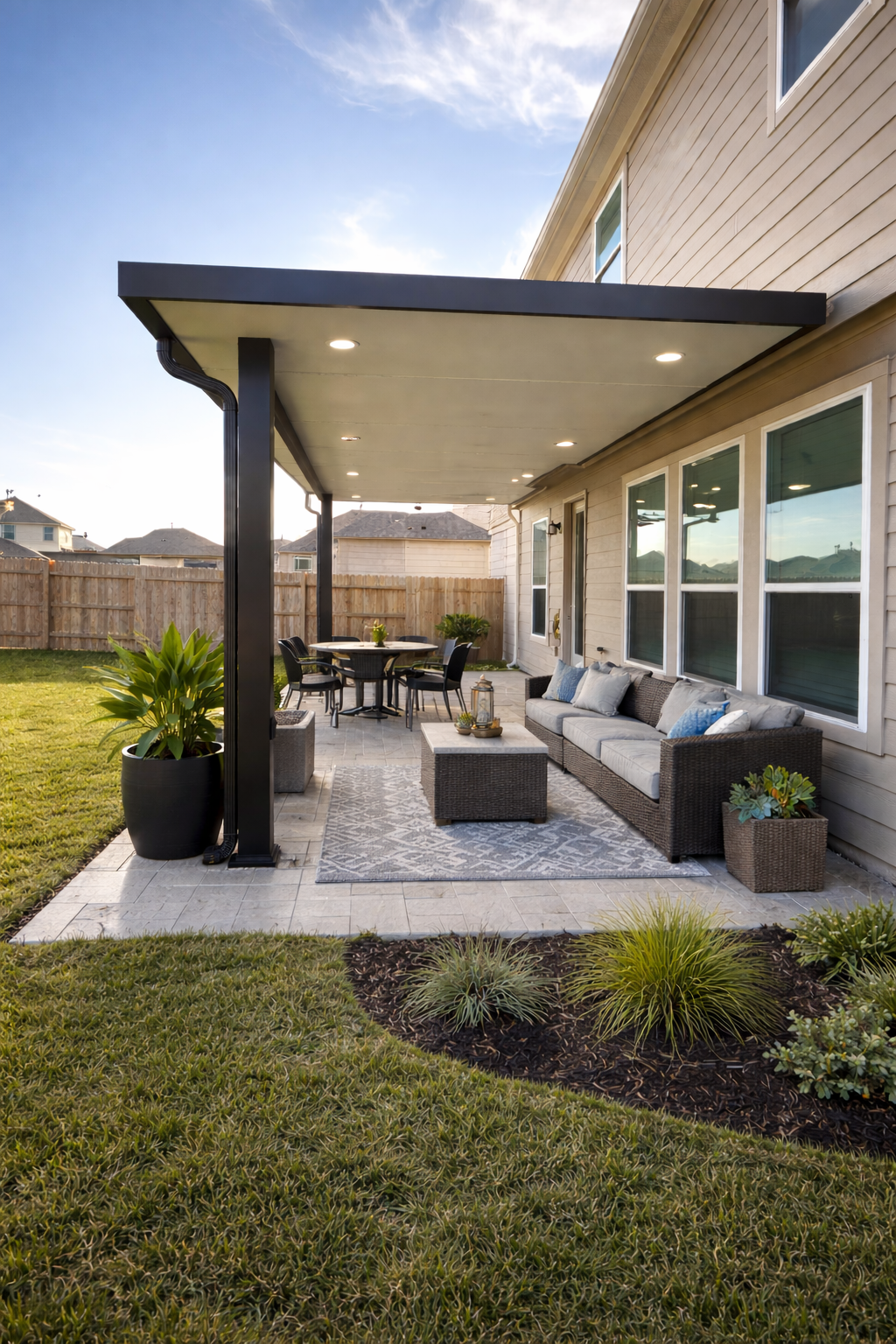 Backyard patio with outdoor seating, including a sofa with throw pillows, a coffee table, a dining table with chairs under a covered extension, and potted plants, fenced yard, and neighboring houses in background.