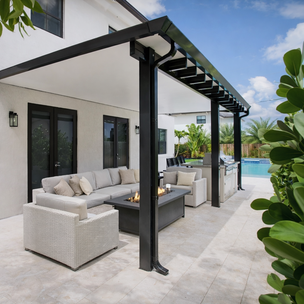 Outdoor patio area with wicker seating, a fire pit, a grill, and a pool in the background under a partly cloudy sky.