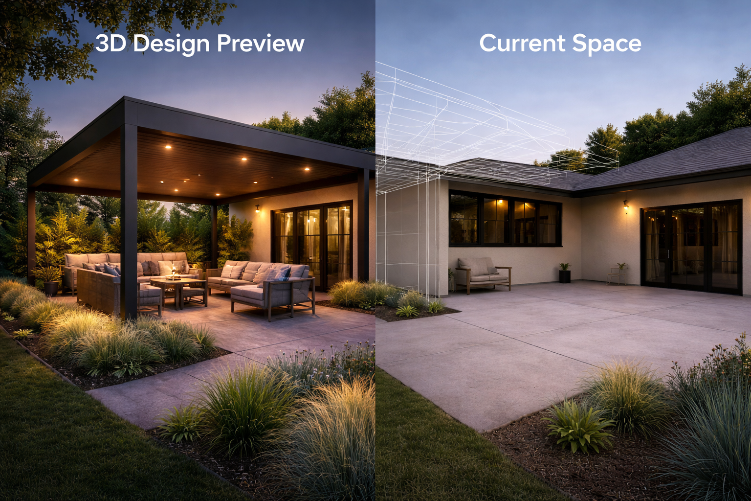 Comparison of a backyard patio in a 3D design preview on the left and the current space on the right, showing modern outdoor seating and landscaping.