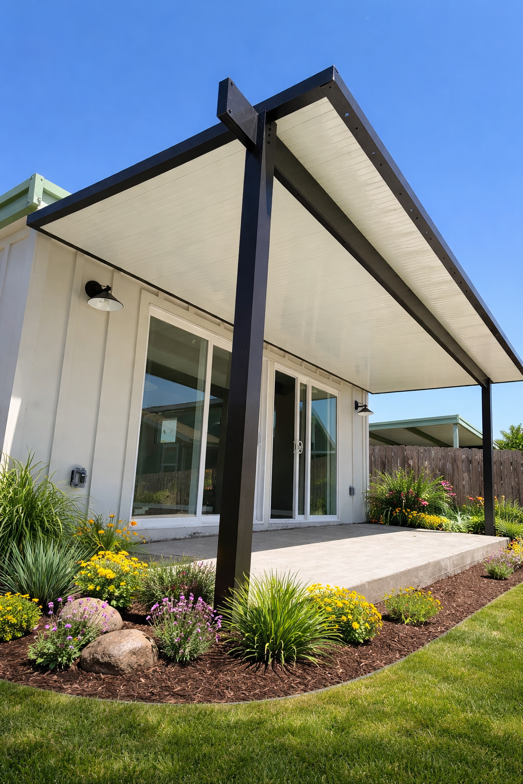 A modern house with a covered patio, sliding glass doors, and colorful flower garden, under a clear blue sky.