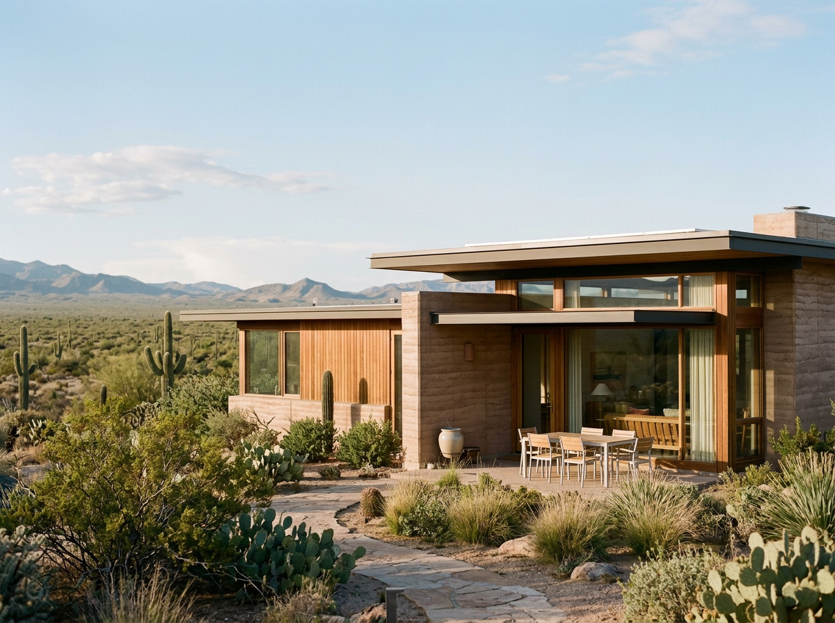 Modern house in desert landscape with cacti and mountains in the background, outdoor dining table with chairs in foreground.