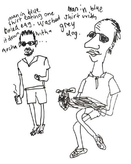 A hand-drawn illustration of two men. The man on the left is standing, wearing shorts and sunglasses, holding a drink and a cigarette. The man on the right is sitting, wearing sunglasses, a shirt, and shorts, holding a tray with food.