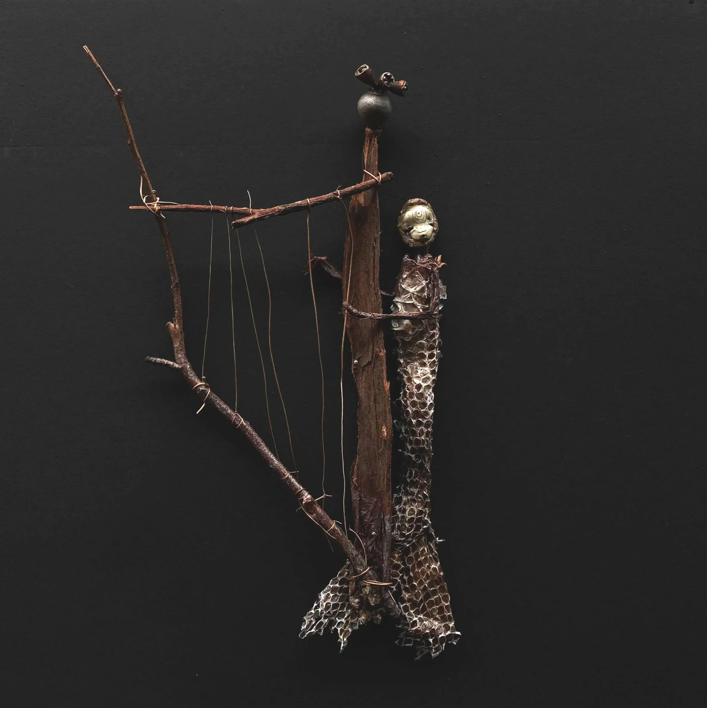 Lamellyre - Bark, snake skin, twigs, tissue paper, ink, plant fibre, redgum nuts, eucalyptus gumnuts, clay (2026)