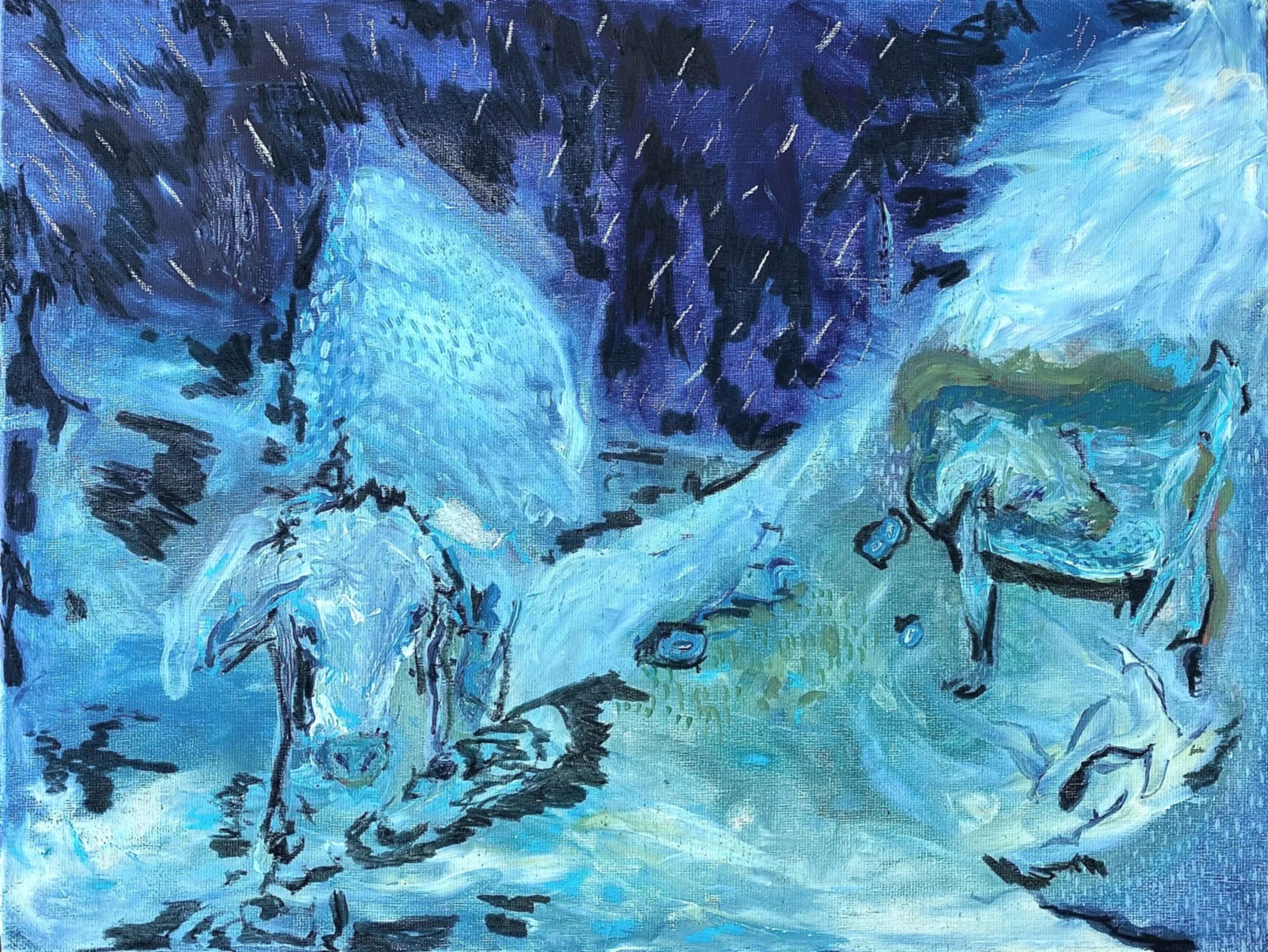 Midnight Cows, 2026, 30cm H x 40cm W, acrylic, pastel and charcoal on canvas