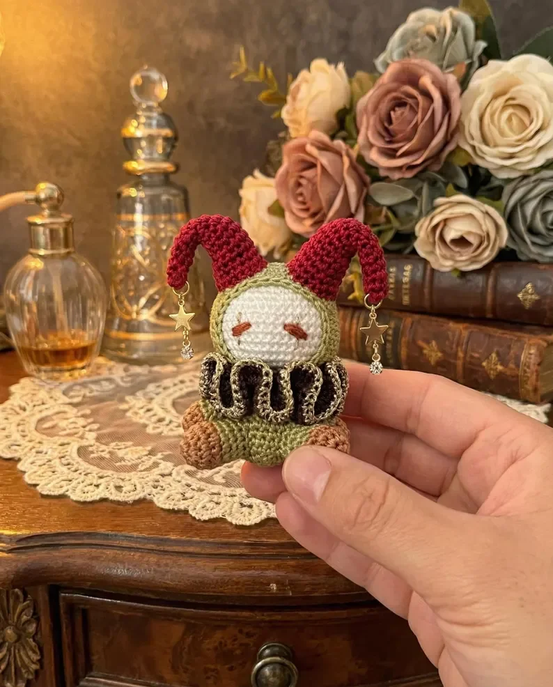 Crochet Jester Doll Handmade Vintage Harlequin