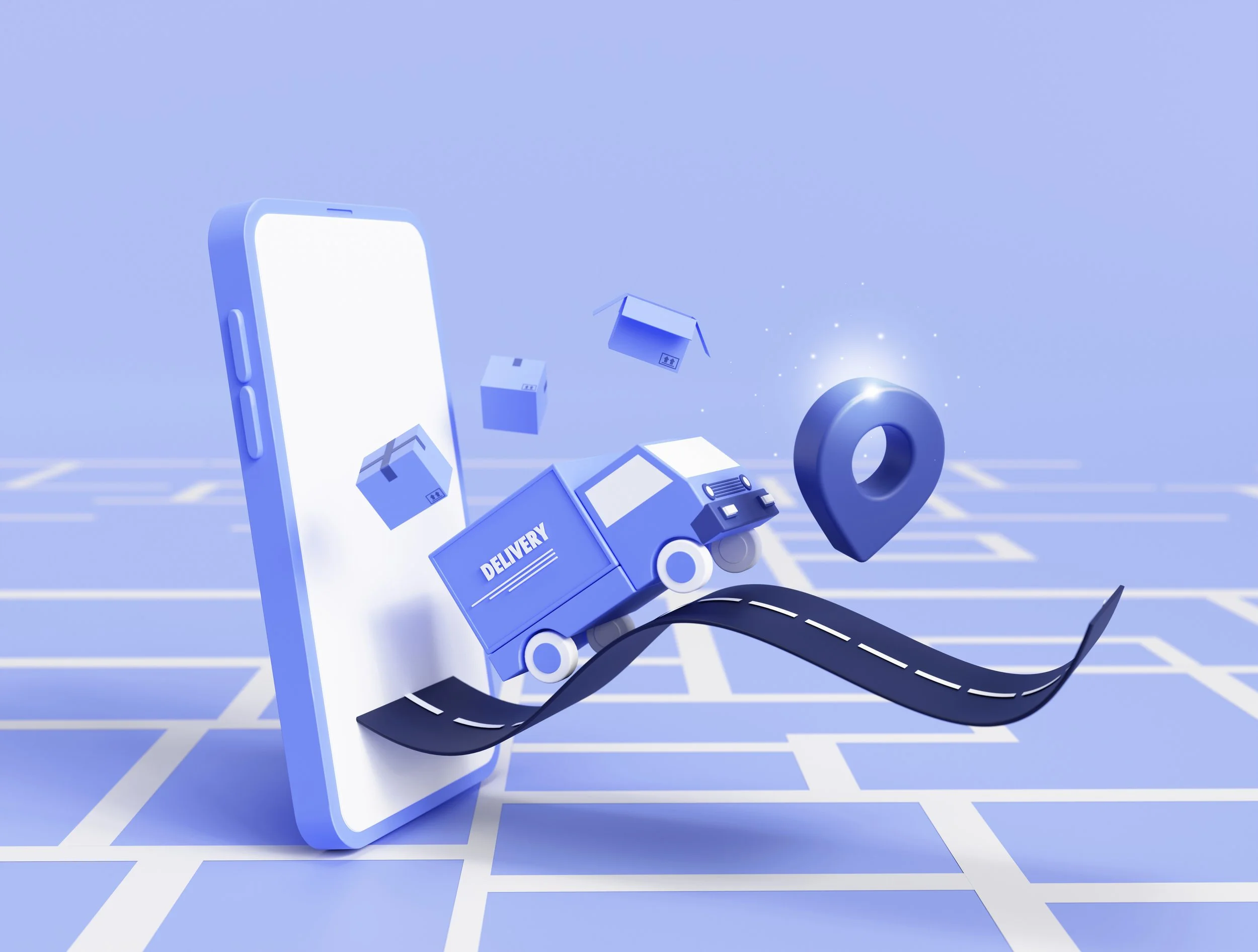 A digital illustration of a smartphone on a grid-like surface with floating packages, a delivery truck labeled 'DELIVERY,' and a location pin, all in blue and white tones, representing online purchase and delivery.