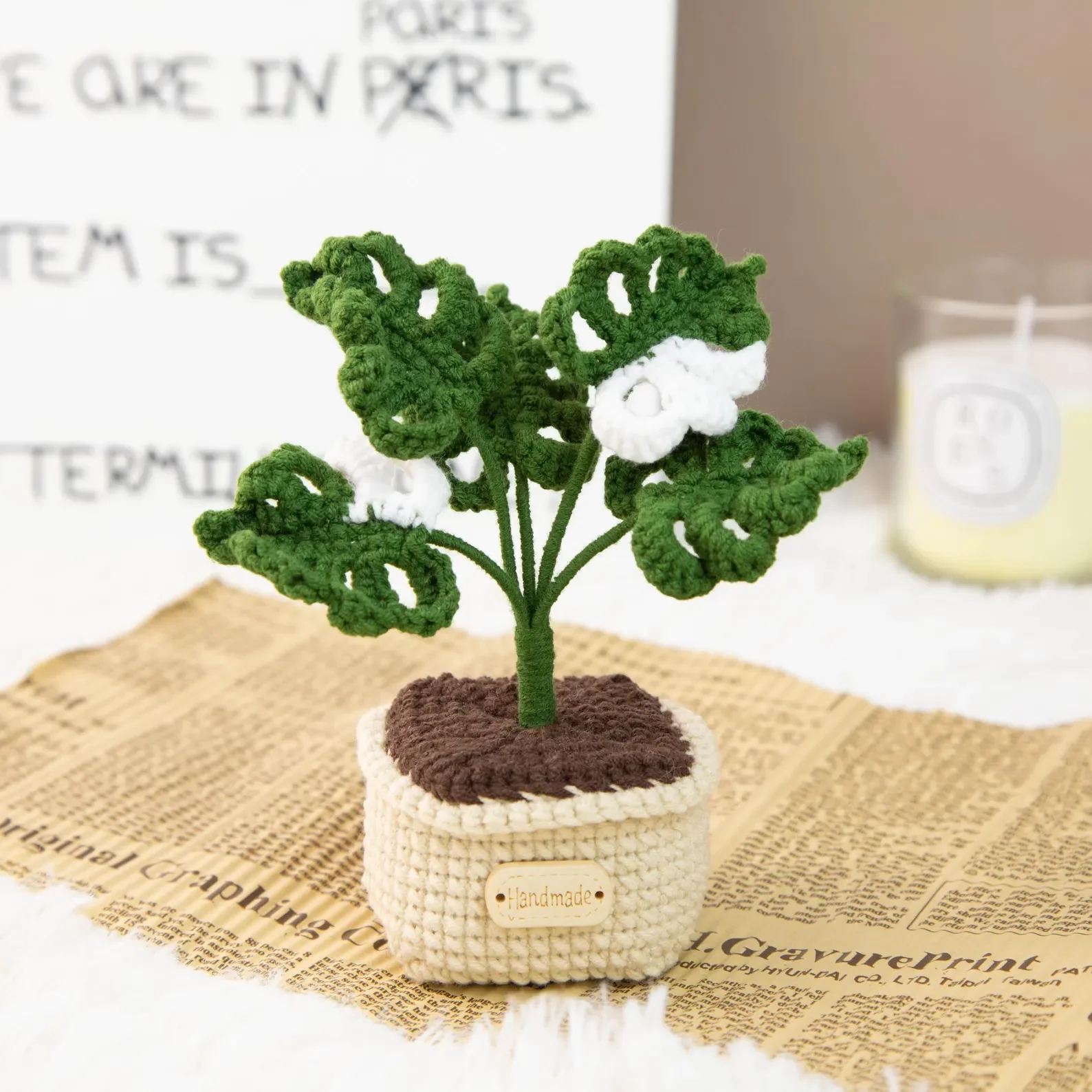 Crochet Monstera Plant with White Flowers