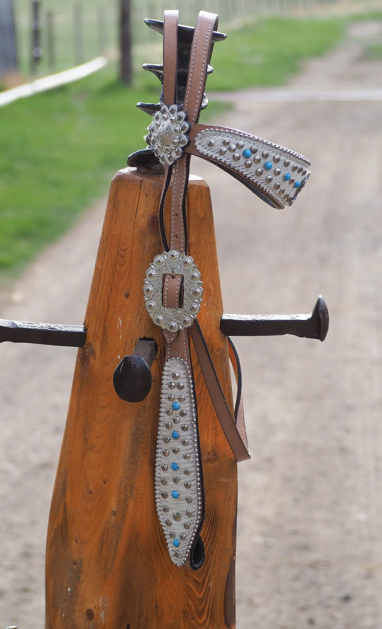 White Hide & Turquoise Beaded Headstall