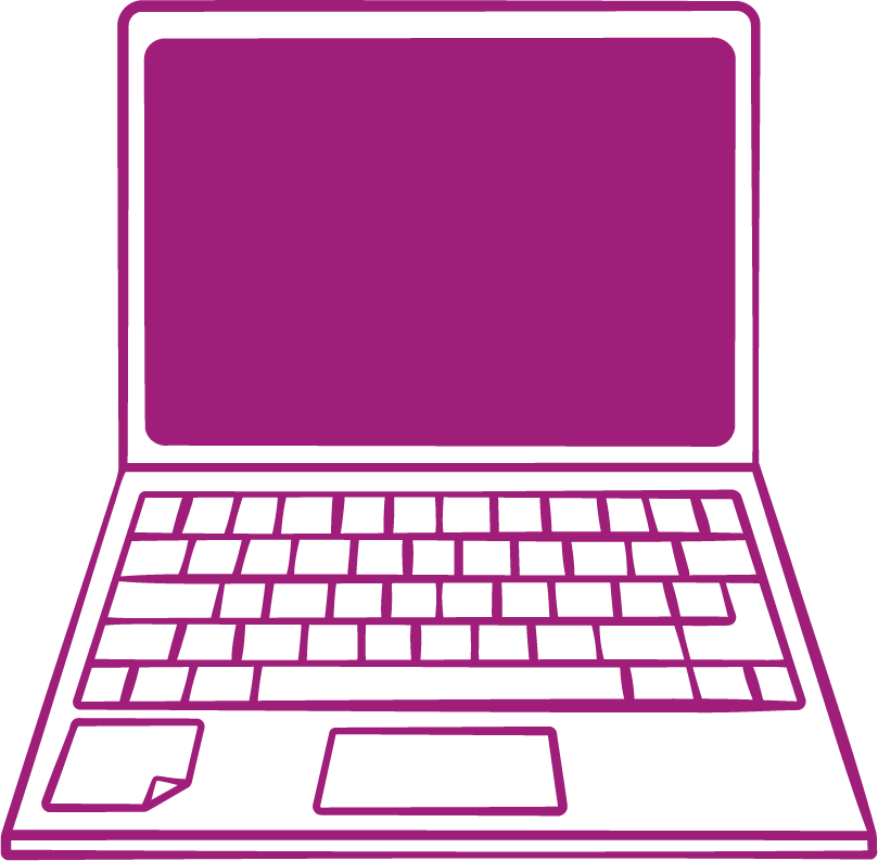Outline illustration of a laptop computer with a purple screen and keyboard, including a trackpad and a small sticky note on the bottom left corner.