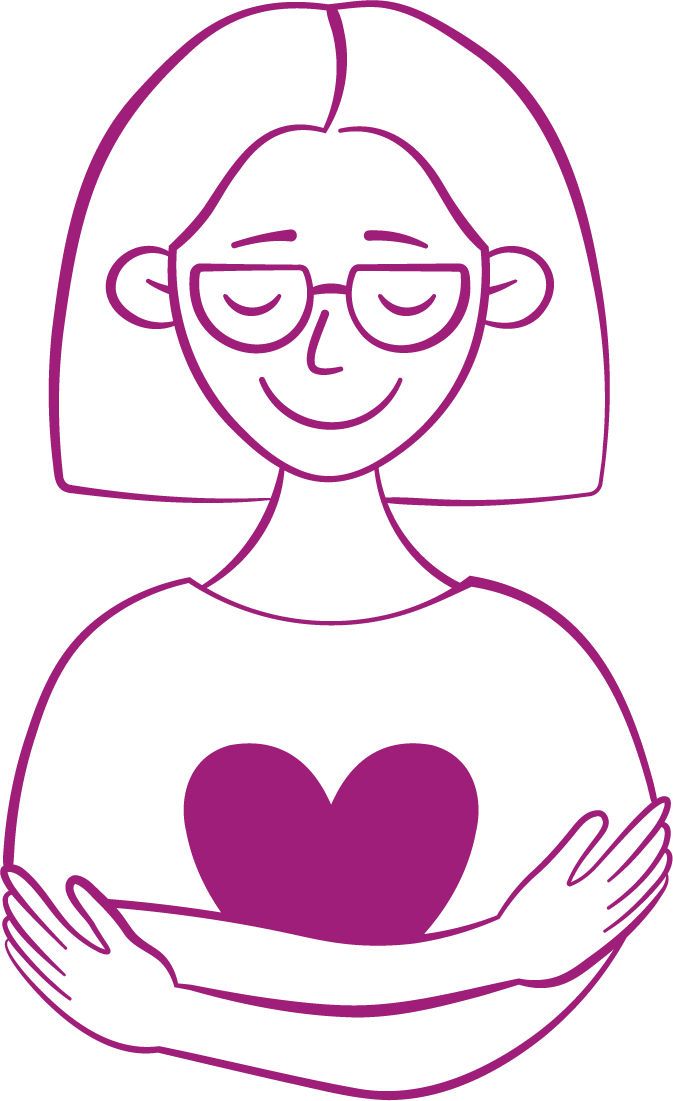 Line drawing of a woman with glasses, smiling, with a purple heart on her chest, arms crossed over her chest, depicted in purple lines.