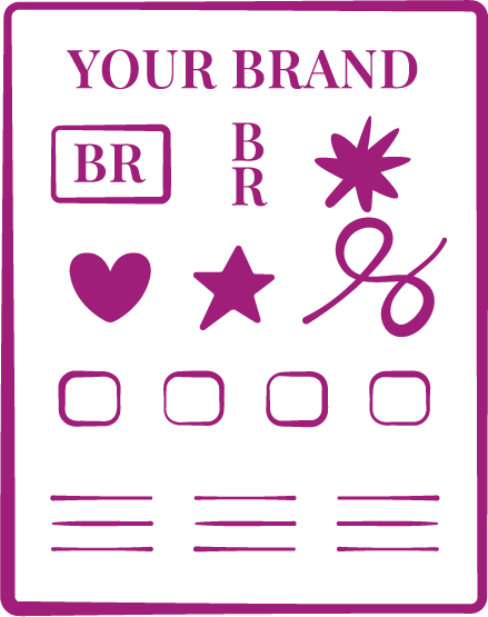 Design template with purple graphics and text on a black background, including a brand logo, icons of a heart, star, and a percent sign, and several blank checkboxes.