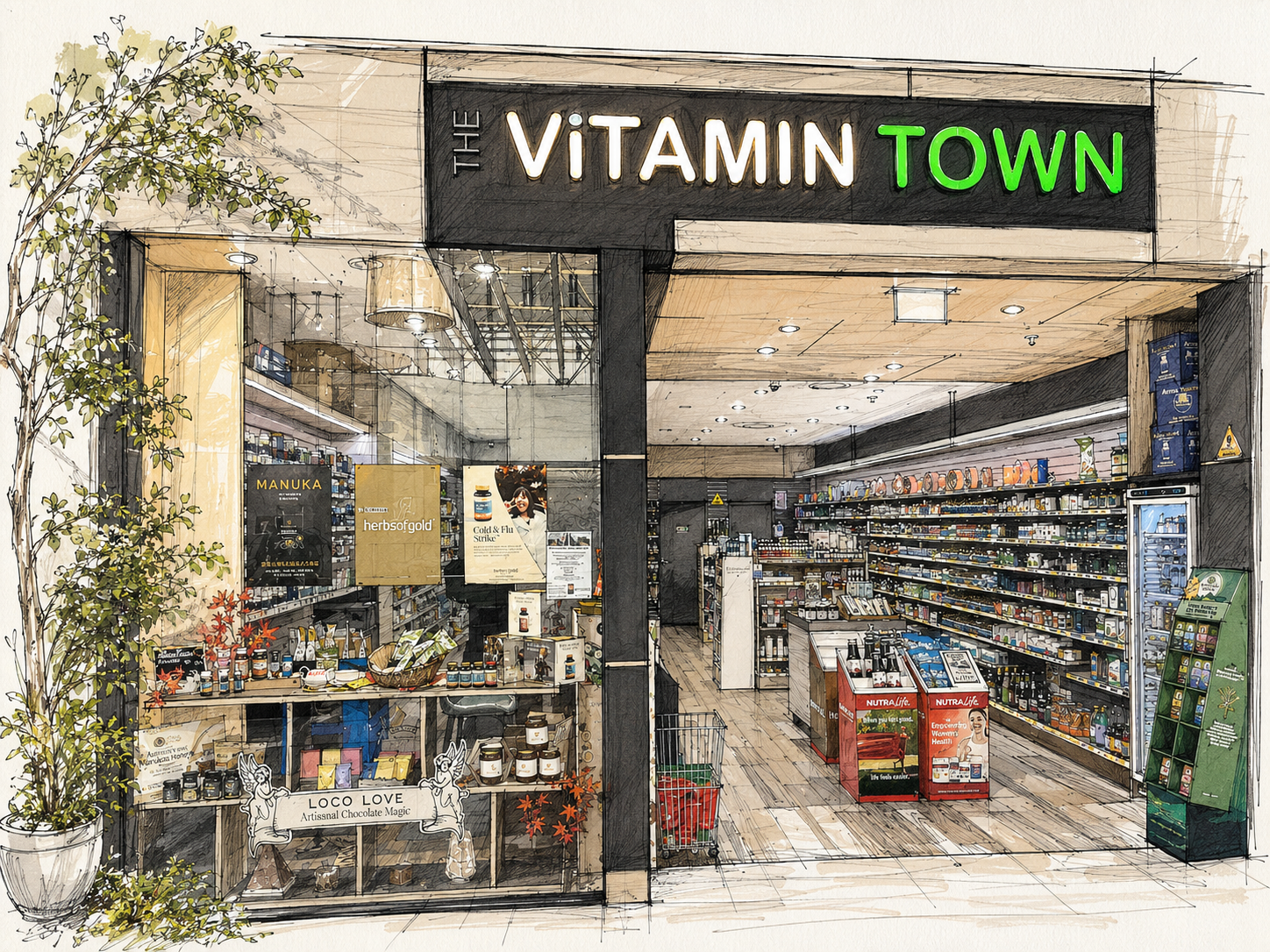 Sketch of the entrance to The Vitamin Town store, showing shelves with health products, promotional posters, and a shopping cart inside the store.