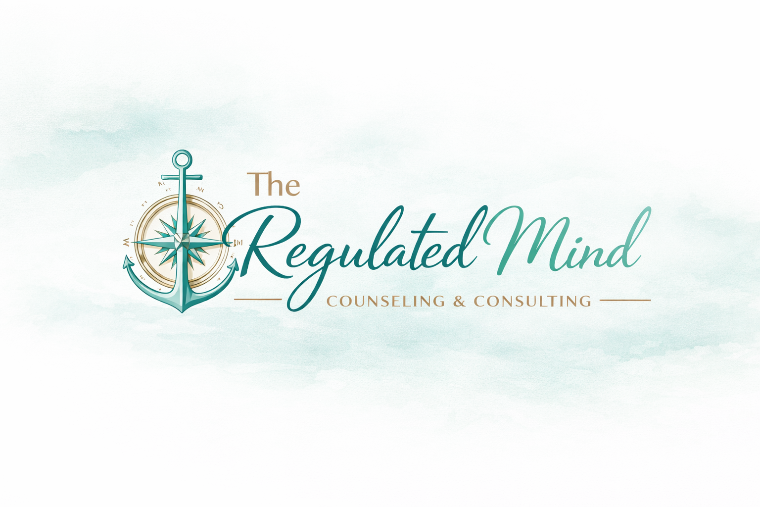 Logo for The Regulated Mind Counseling & Consulting featuring an anchor with a compass in the background and teal, gold, and beige colors.