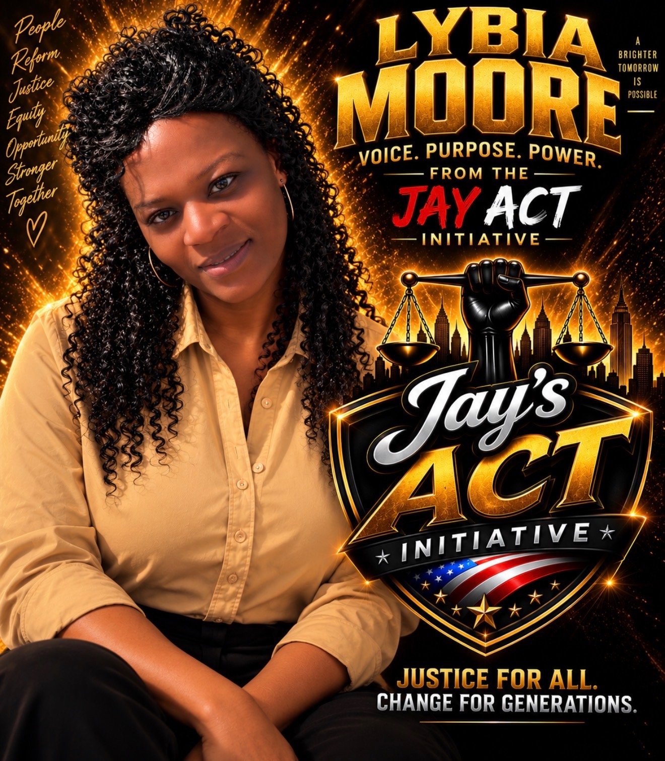 A woman with curly black hair and hoop earrings poses in front of a patriotic graphic supporting the Jay Act Initiative. The background features a golden glow with city skyline silhouettes, and the graphic includes a black fist holding scales, a shield with American flag design, and bold text promoting justice and change.