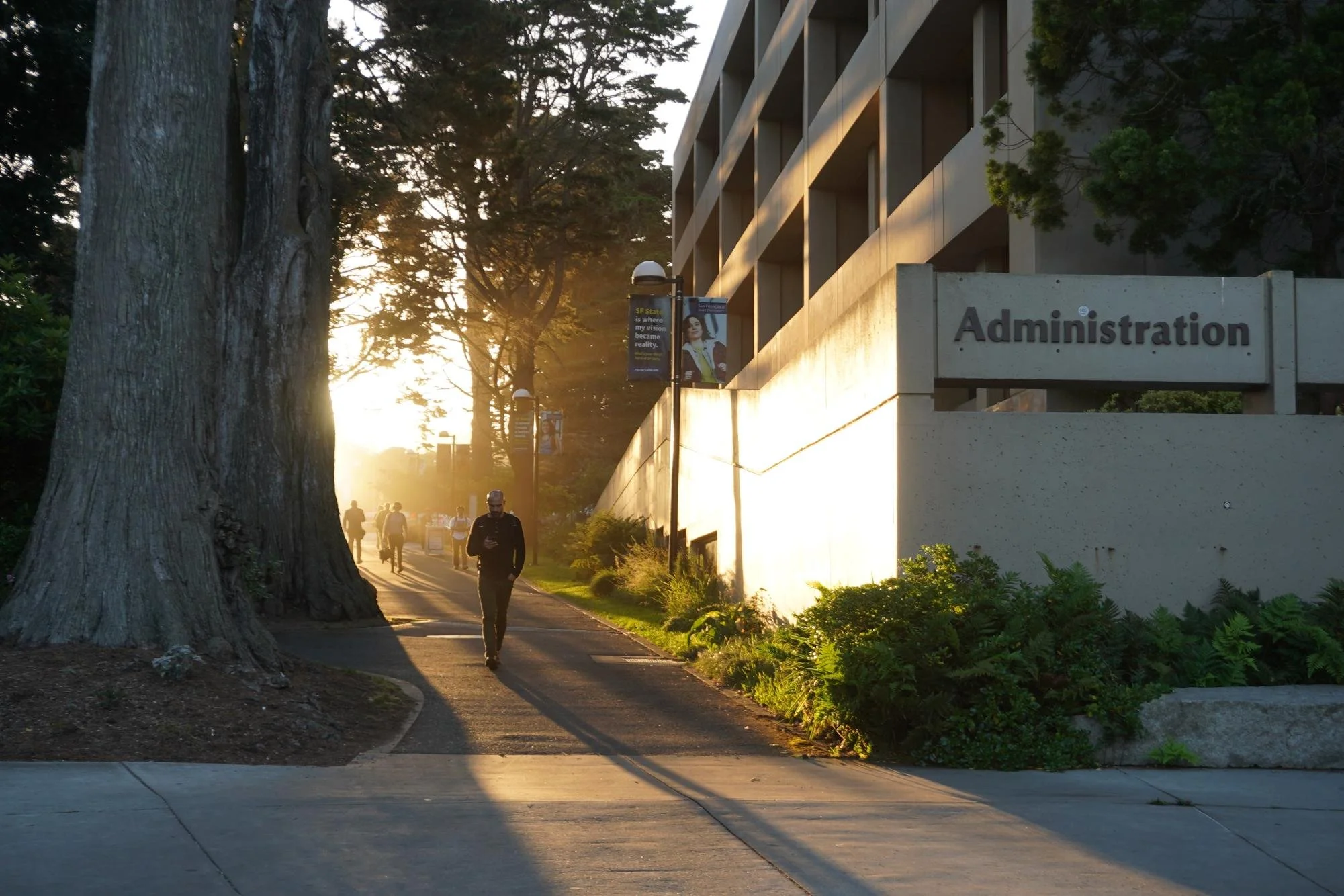 A university campus walkway at sunset with large trees, a modern building labeled 'Administration' on the right, and people walking along the path.