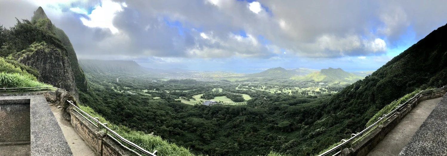 Scenic mountain view from a lookout point showing lush green hills, valleys, and distant mountains under a partly cloudy sky.