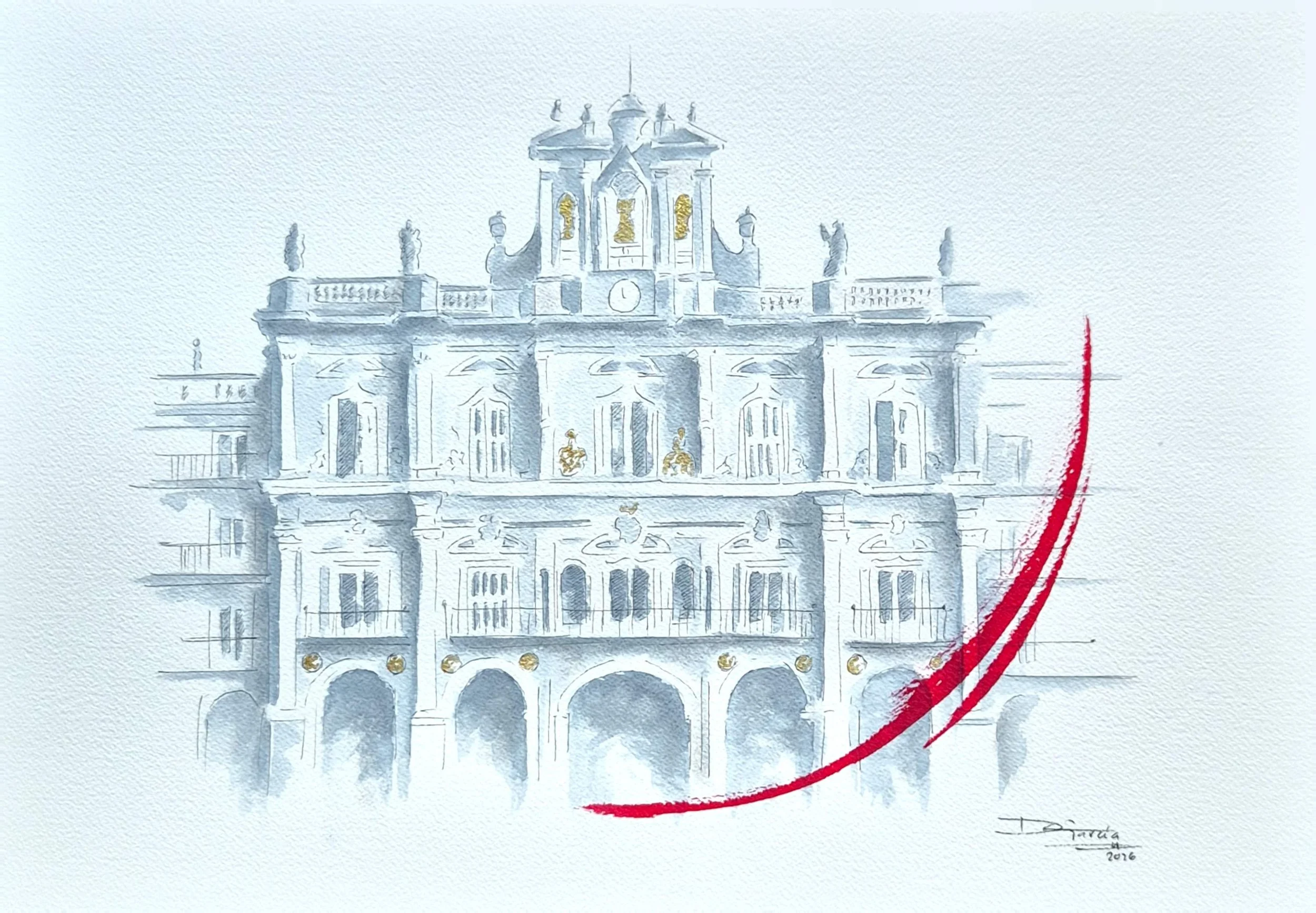 Watercolor illustration of Plaza Mayor of Salamanca. The building has multiple arches and balconies, with a prominent clock at the top center. A red curved line is painted on the right side of the image.