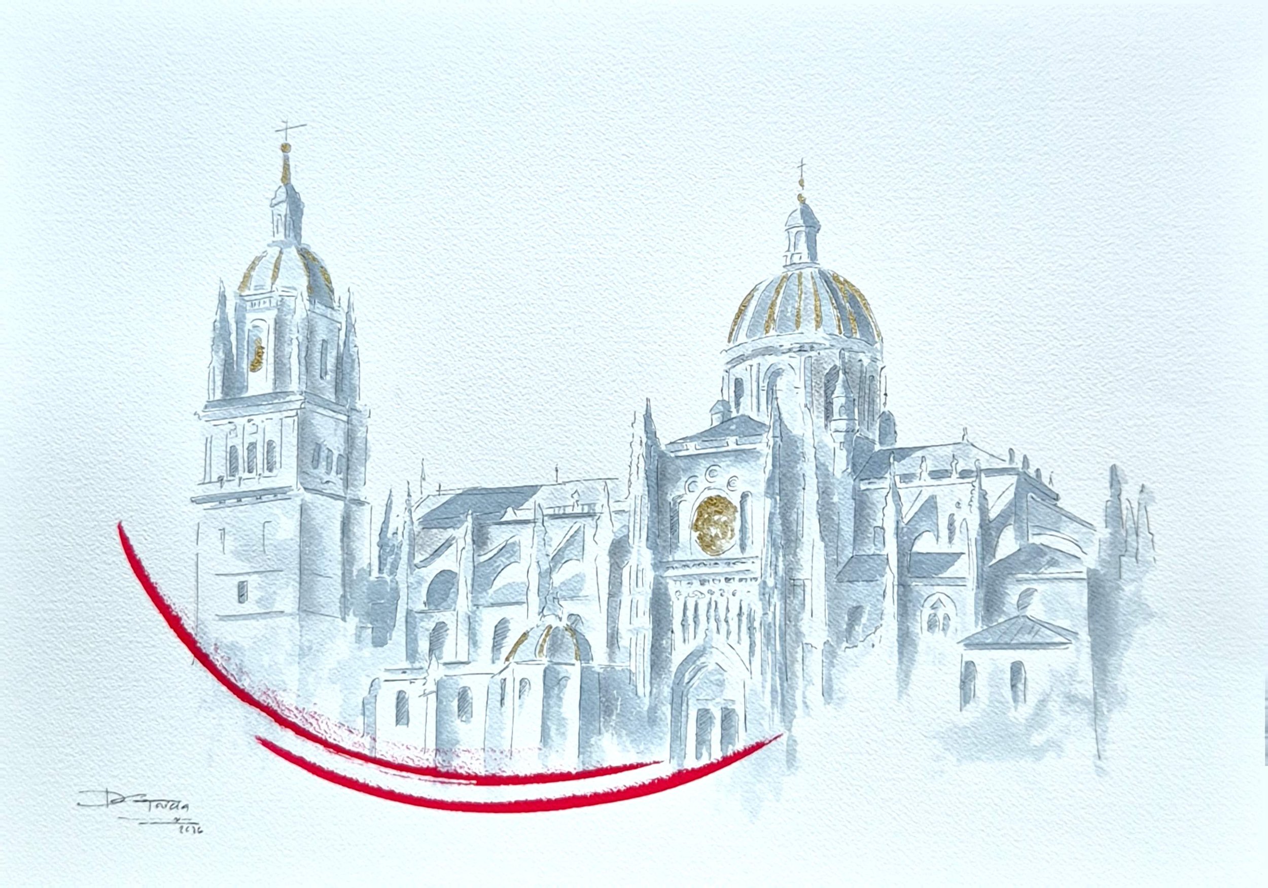 Watercolor painting of a cathedral with tall towers and gold domes, featuring detailed Salamanca architecture, with red accents at the bottom.