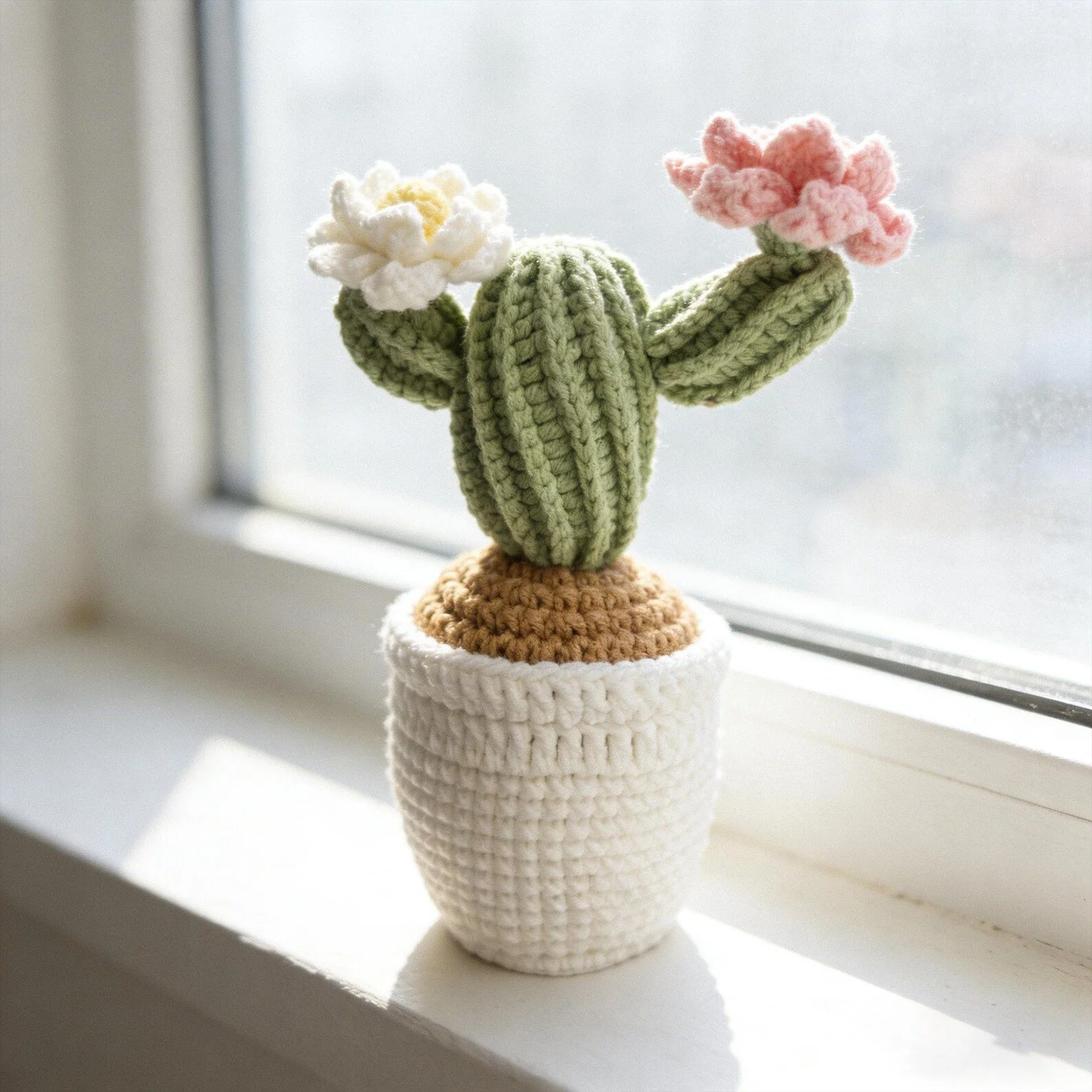Knitted cactus with pink and white flowers in a white crocheted pot on a windowsill.