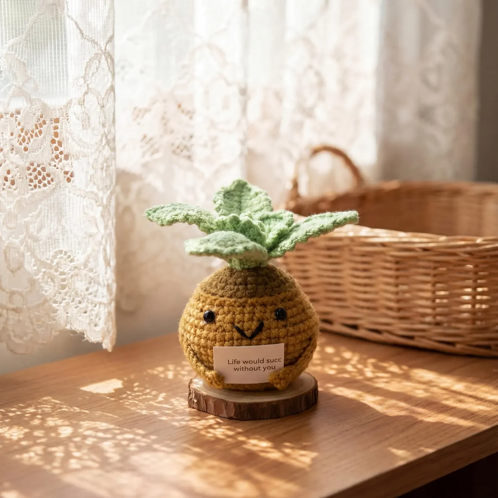 Crocheted plush plant with a smiling face, green leaves, and a small sign that reads "Life would succ without you" on a wooden surface next to a wicker basket and lace curtains.
