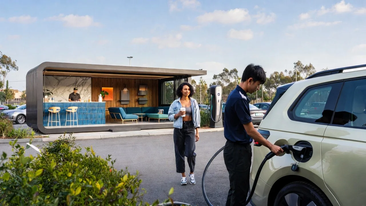 A person is charging an electric vehicle at a charging station while another person walks nearby holding a coffee cup, with a modern outdoor cafe in the background.