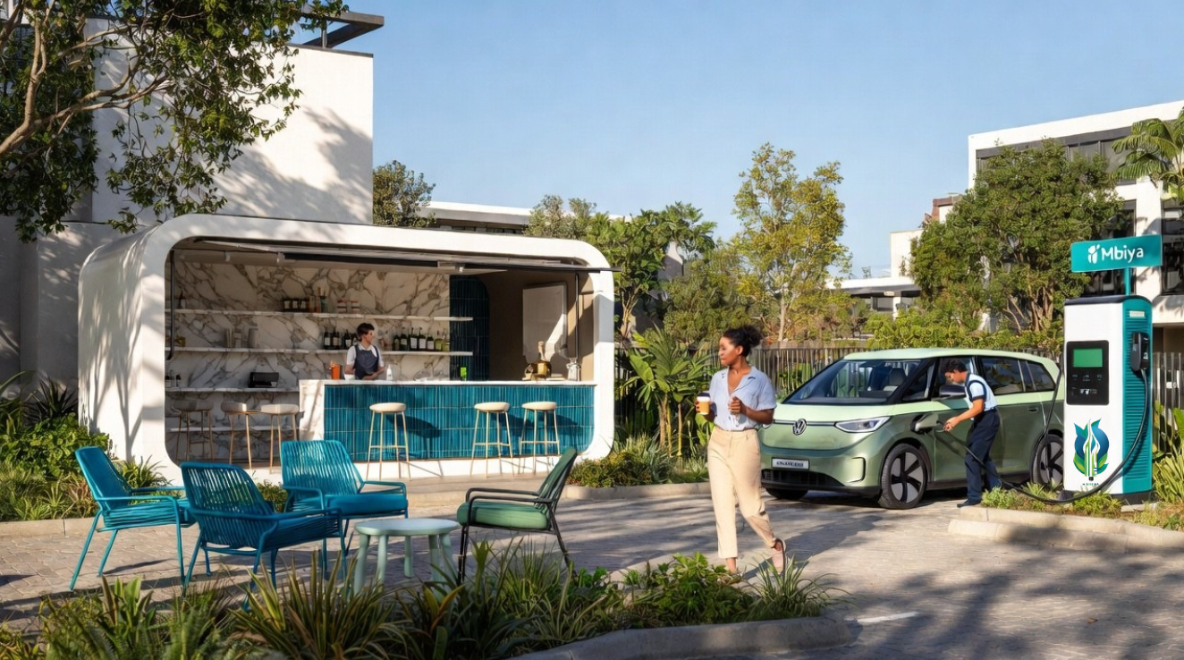An electric vehicle charging station with a woman walking nearby holding a coffee cup, a man charging an electric car, and a modern outdoor café with blue chairs and a bar area.