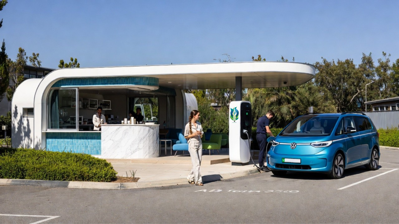 A woman charging an electric car at an outdoor charging station next to a modern cafe.