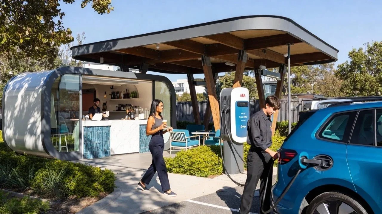 People charging an electric vehicle at a Tesla Supercharger station near a modern coffee shop.