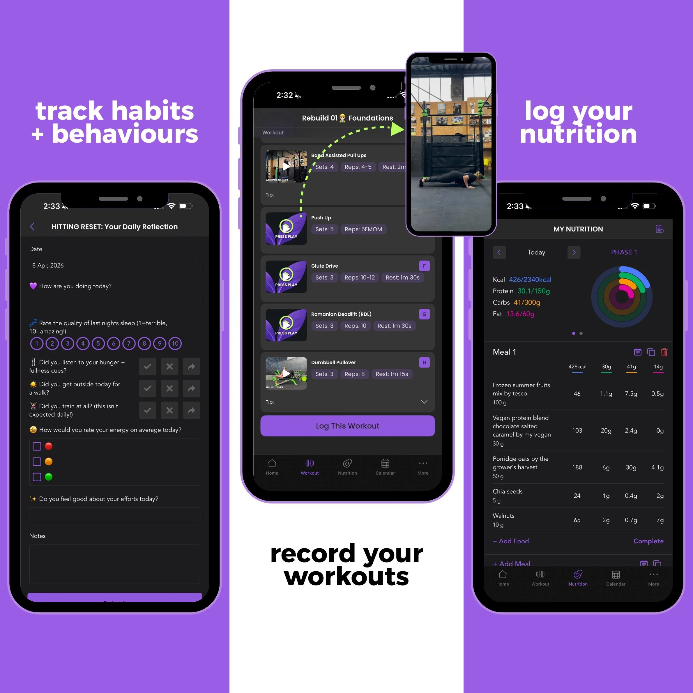 Screenshots of a fitness app showing features to track habits and behaviours, record workouts, and log nutrition, in Your Project Me brand colours, purple, black and white.