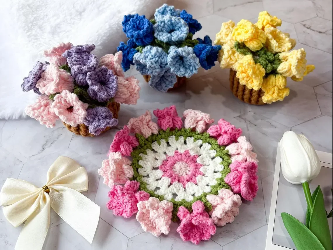 Crochet Flower Coaster Set with Basket