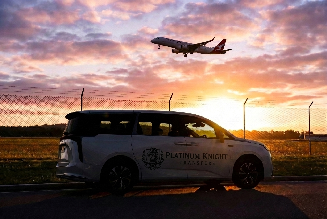 A white vehicle with 'Platinum Knight Transfers' logo parked on a roadside at sunset, with an airplane flying overhead against a colorful sky with clouds.