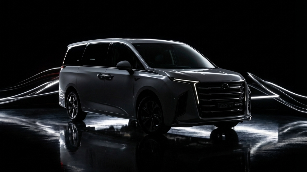 A black minivan with sleek lines and modern design, illuminated by light streaks in a dark environment.