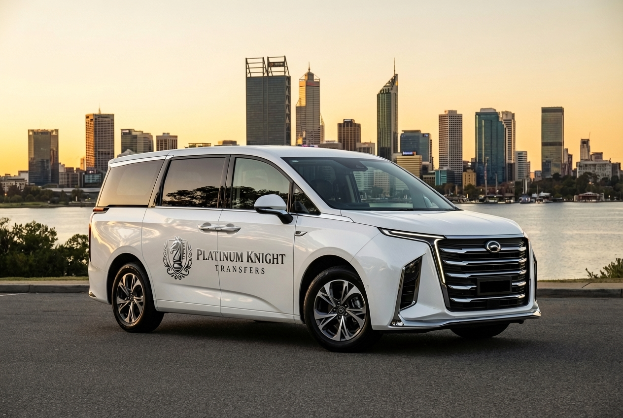 White minivan with 'Platinum Knight Transfers' logo parked near a river with a city skyline at sunset in the background.