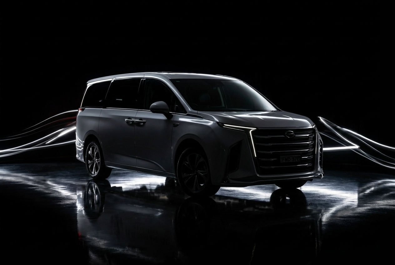A dark-colored minivan displayed in a studio with black background and reflective floor, illuminated by subtle lighting and light trails.