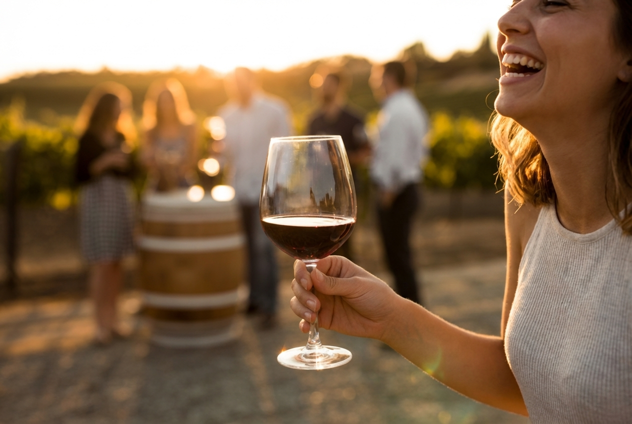 A woman holding a glass of red wine while smiling, with a group of people socializing in the background at sunset.