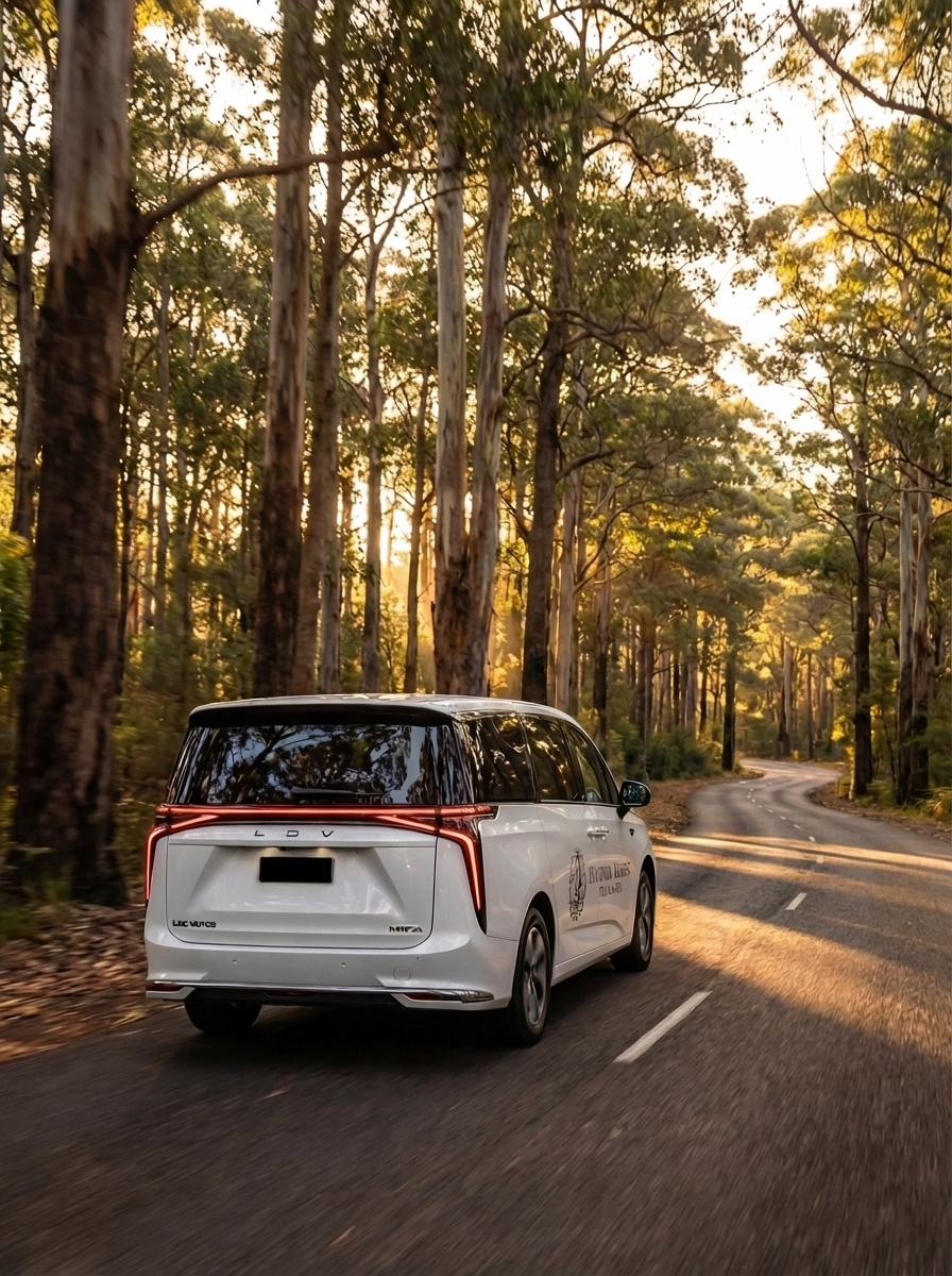 A white autonomous vehicle driving on a forested winding road during sunset or sunrise with tall trees lining both sides.