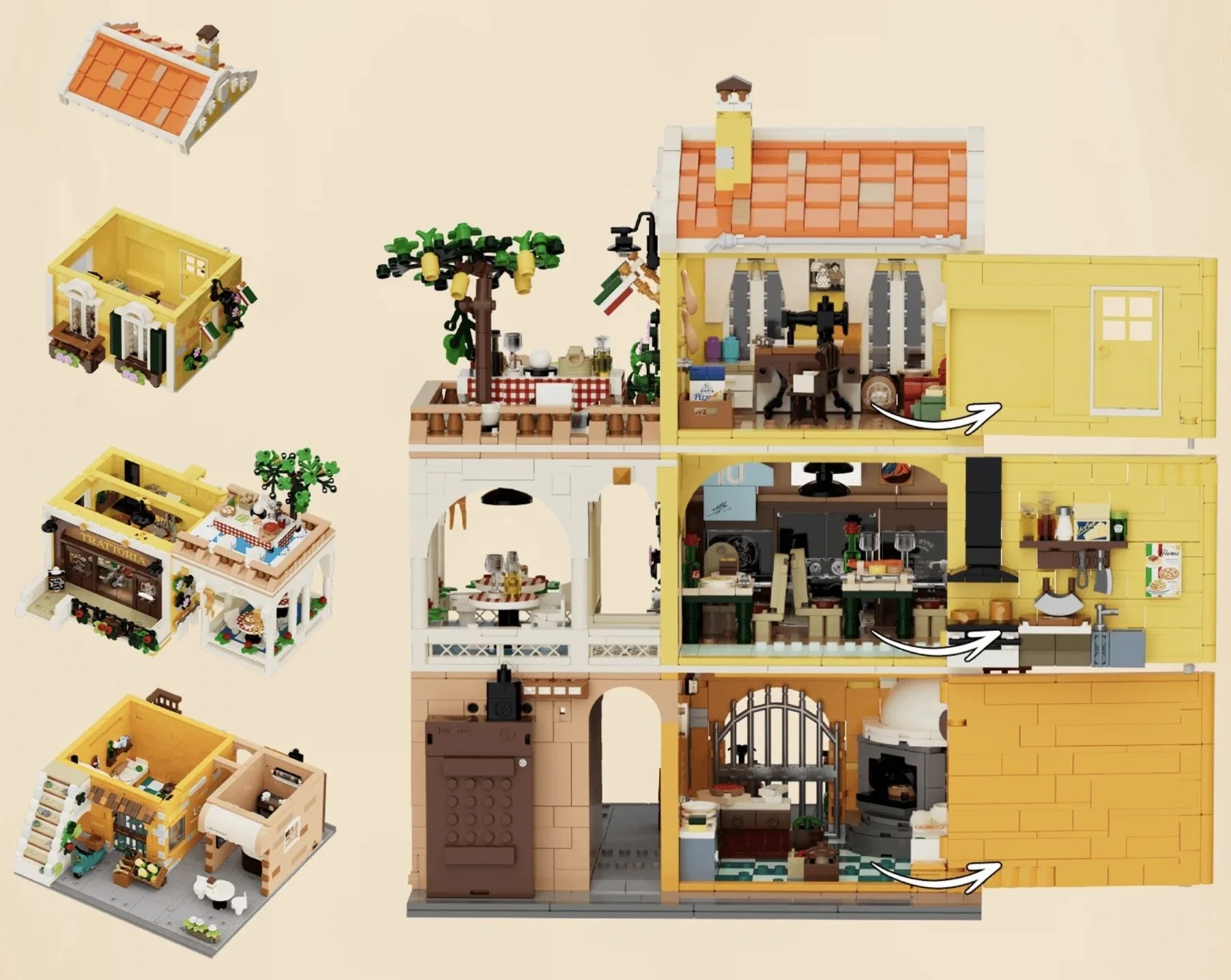 Un modèle de maison construit en LEGO avec plusieurs étages, comprenant une cuisine, un salon, une salle à manger, un bureau, une chambre et un extérieur avec arbres et terrasse.