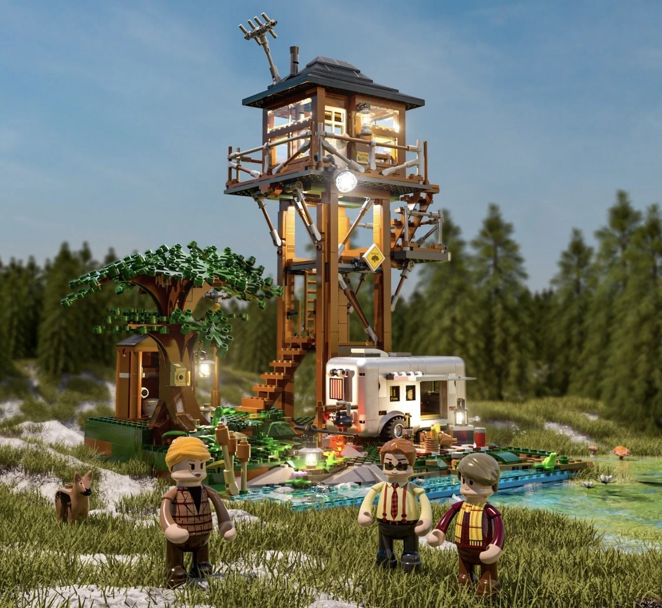 Camping-car avec observatoire à oiseaux en briques éclairées